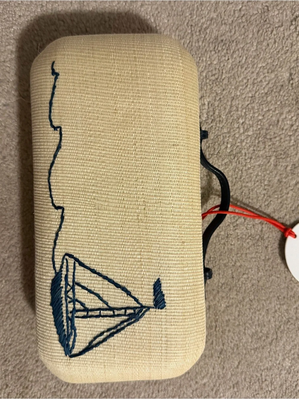 Cream Embroidered Sailboat Clutch with Black Top Handle